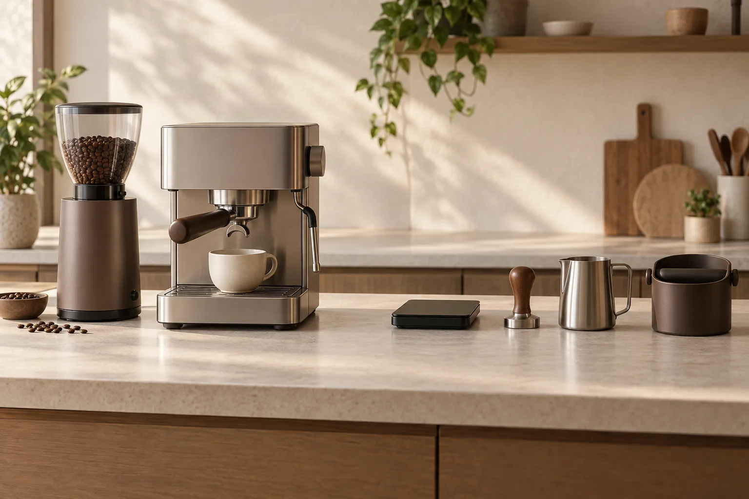 Plain espresso cups, a tamper, and a milk pitcher arranged on an uncluttered kitchen counter