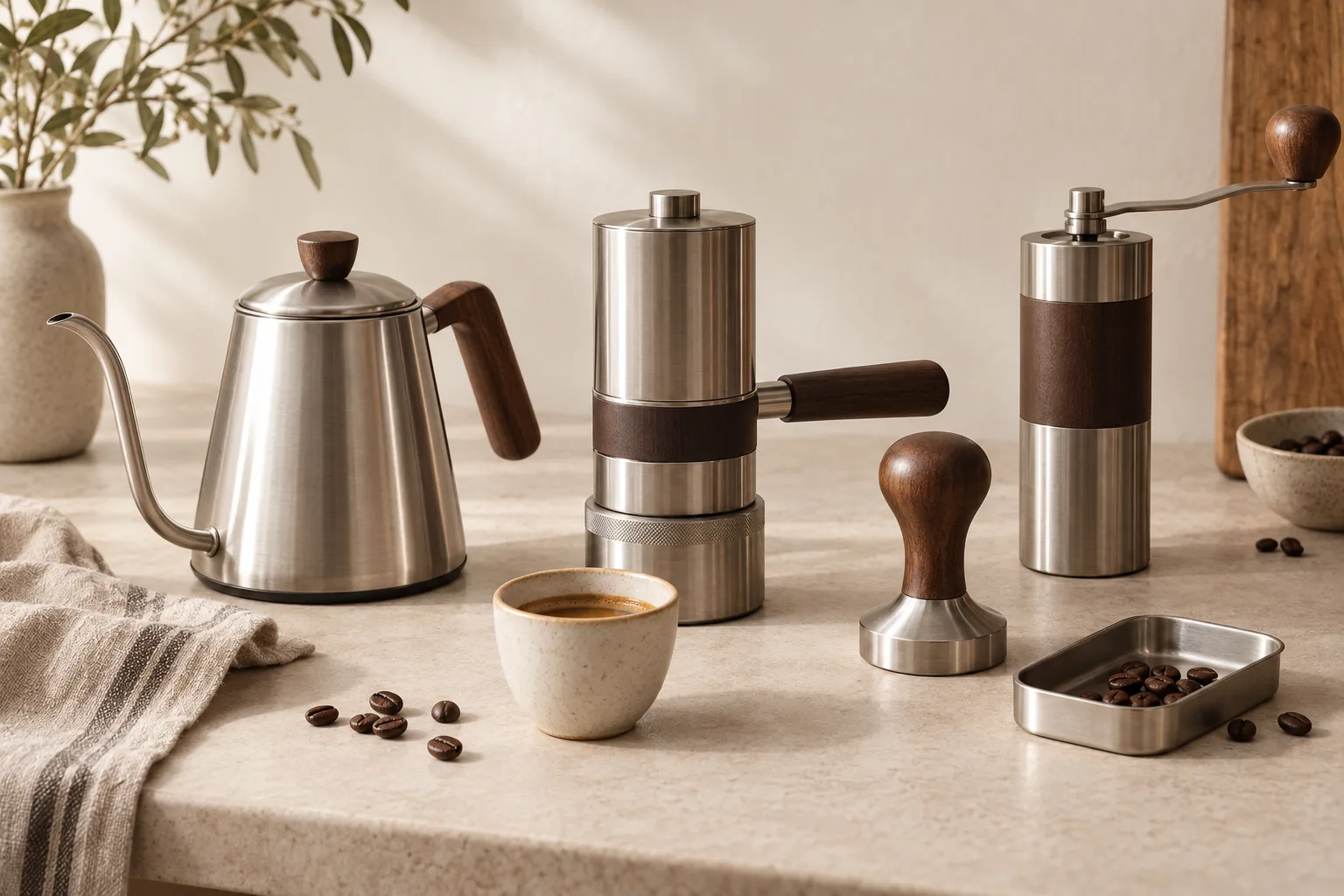 Plain stainless kettle, metal tamper, and ceramic espresso cup arranged on a warm kitchen counter.
