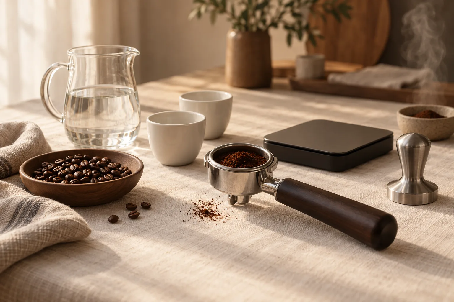 Plain espresso cups, a water pitcher, and an unmarked tamper on a tidy kitchen counter