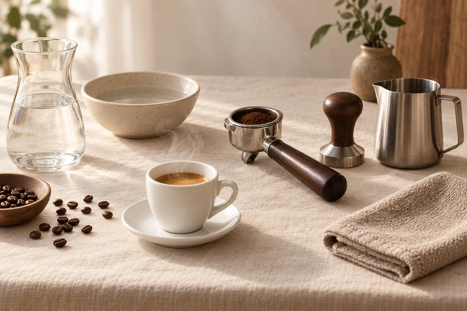 Plain milk pitcher, espresso cup, tamper, and cloth arranged on a kitchen counter
