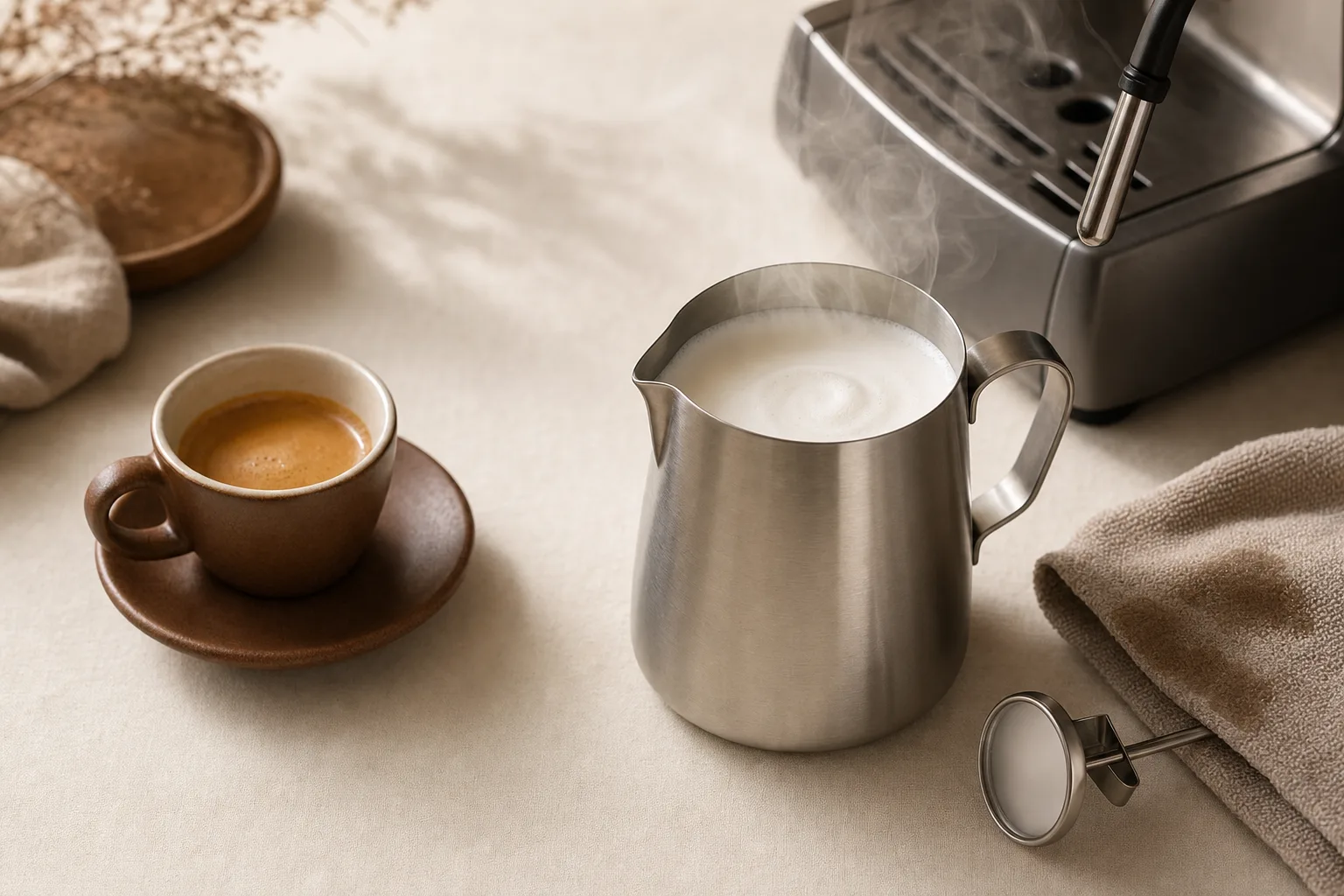 A home espresso setup with a plain stainless steaming pitcher and a latte cup on a kitchen counter