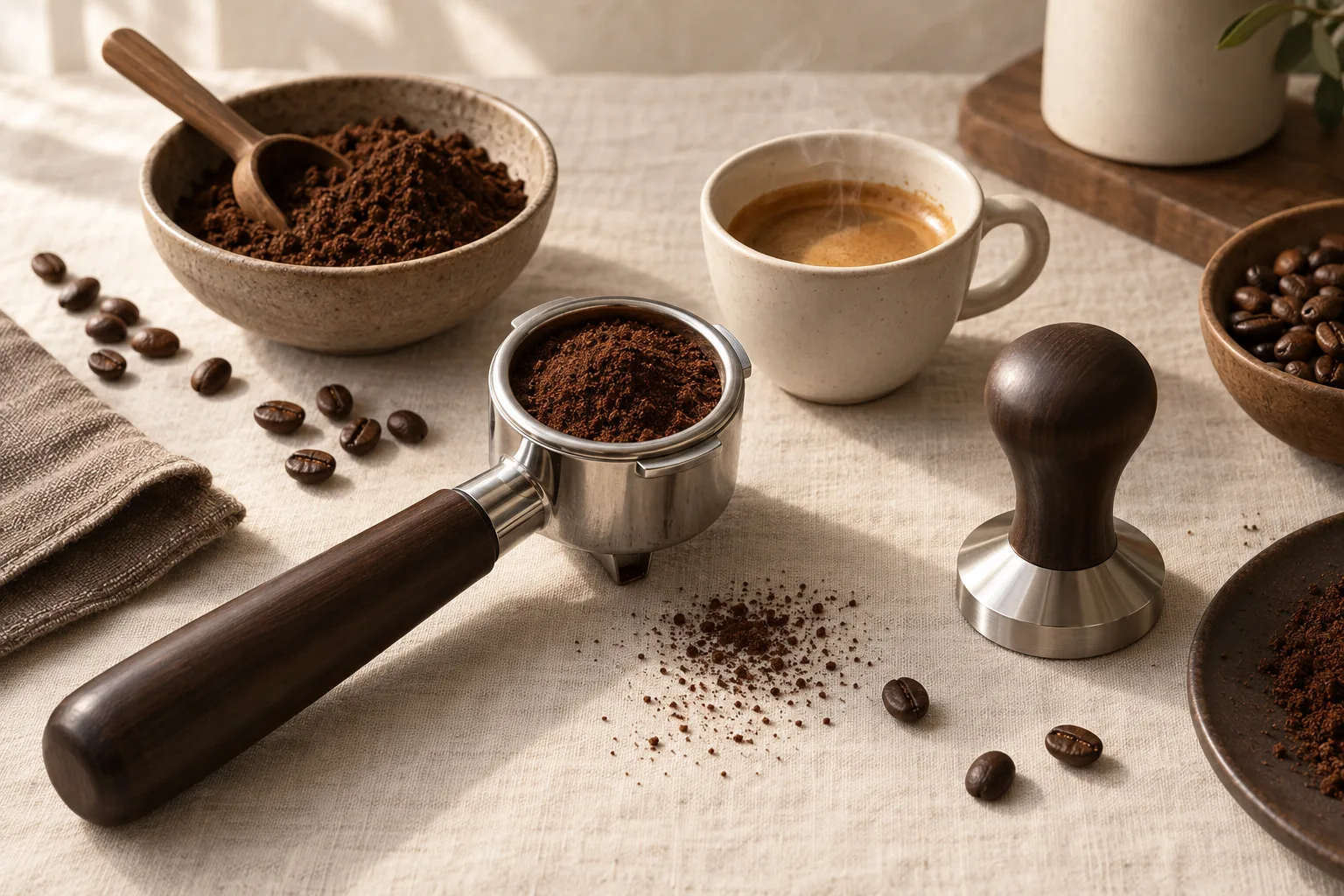 Unbranded portafilter, tamper, scale, and espresso cup on a tidy kitchen counter
