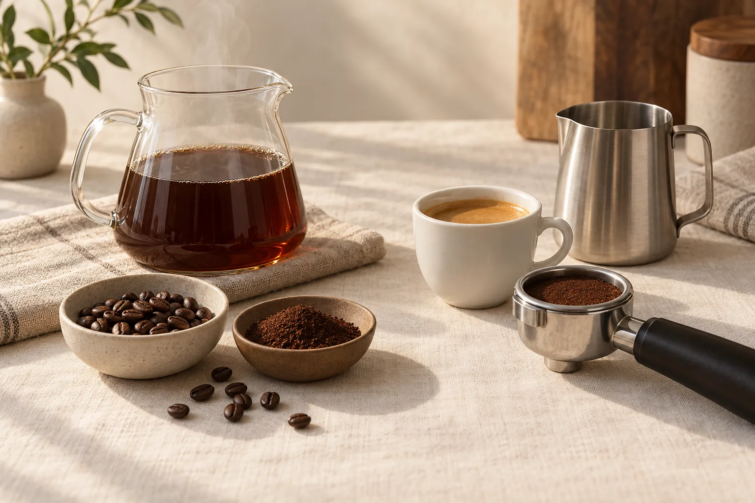 A plain coffee carafe, espresso cup, beans, and milk pitcher on a kitchen counter