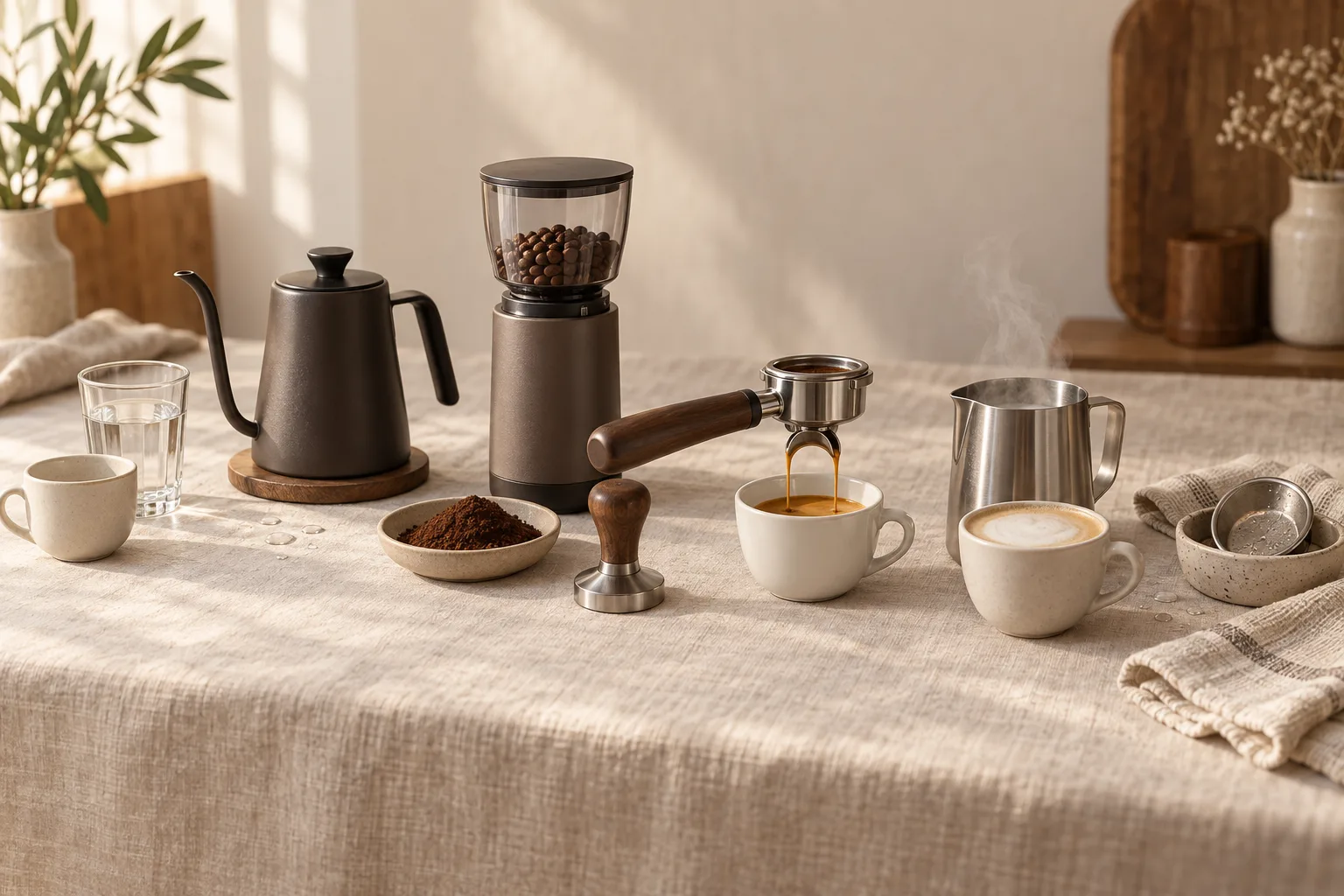 Unbranded espresso cup, metal milk pitcher, tamper, and folded cloth on a kitchen counter