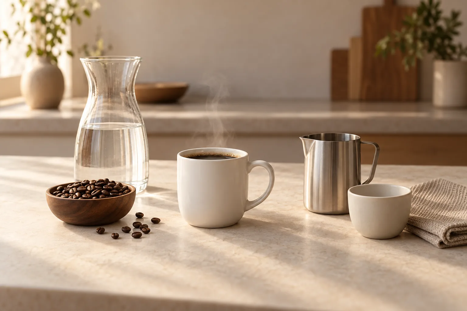 Plain espresso cup, bowl of coffee beans, water carafe, and unmarked milk pitcher on a kitchen counter