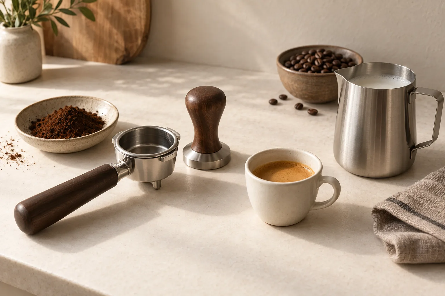 Generic espresso preparation scene with a blank portafilter, tamper, ceramic cup, milk pitcher, coffee beans, and grounds on a warm linen surface.