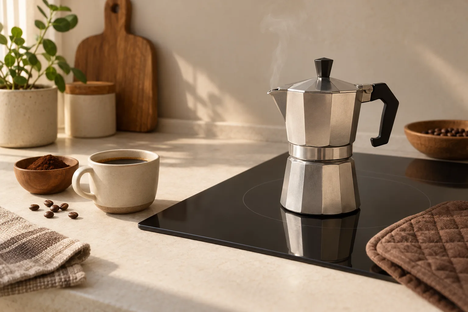 Plain coffee cups, grounds, and an oven mitt beside a clean induction cooking surface