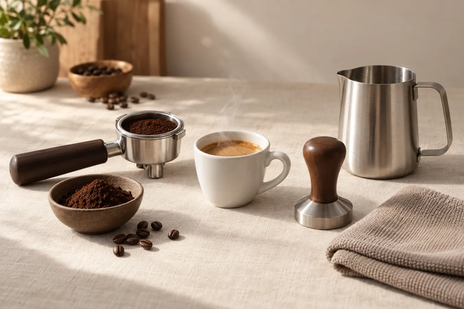 Plain espresso cup beside an unmarked milk pitcher, coffee beans, and a folded cleaning cloth