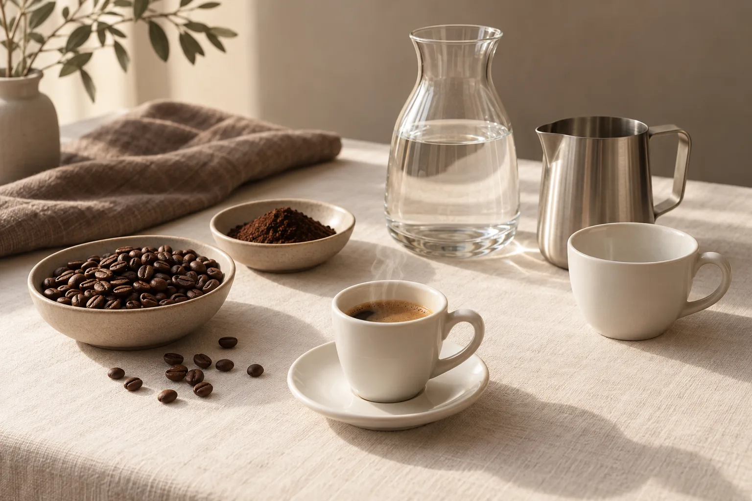 Plain espresso cups, coffee beans, a milk pitcher and a water carafe on a kitchen counter