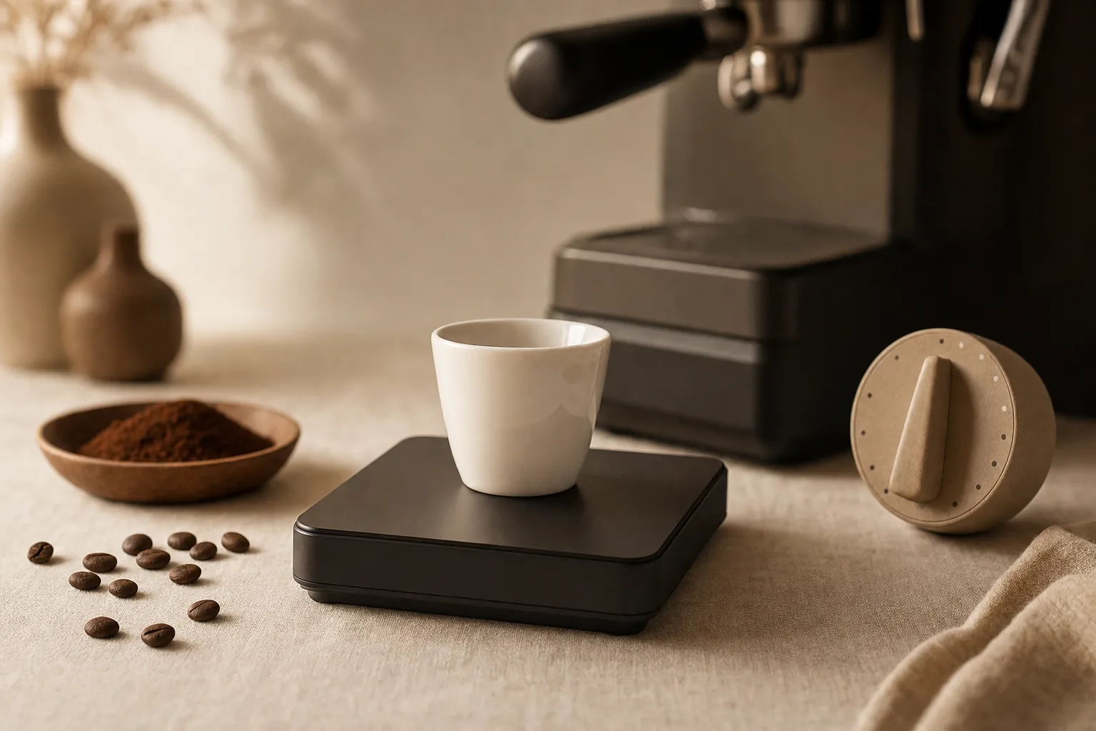 A home barista weighing espresso in a plain cup beneath an espresso machine