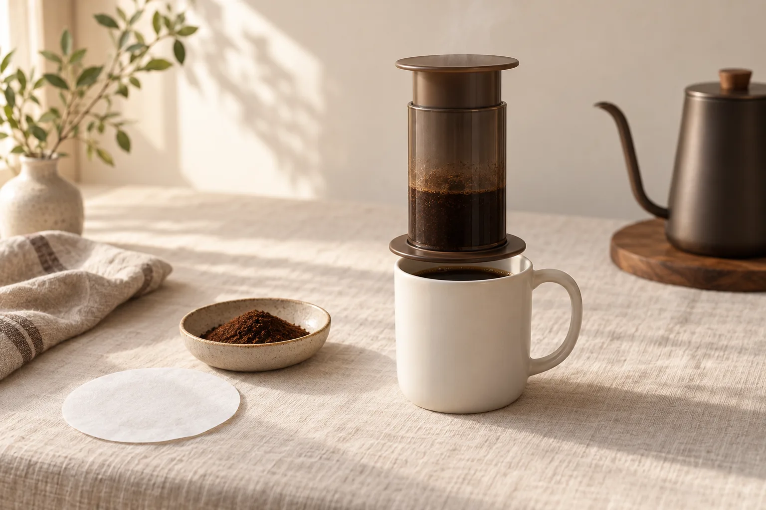Plain coffee mug beside ground coffee, a scale and a folded kitchen towel