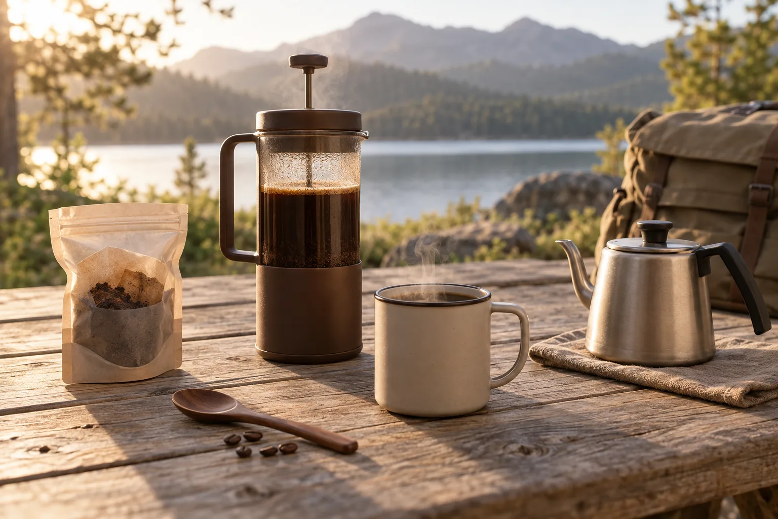 Plain camping mug and kettle on a level picnic table beside a packed backpack