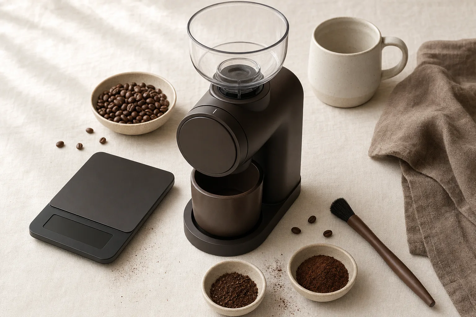 A clean electric coffee grinder, whole beans, a small scale, and brewing gear on a warm kitchen counter