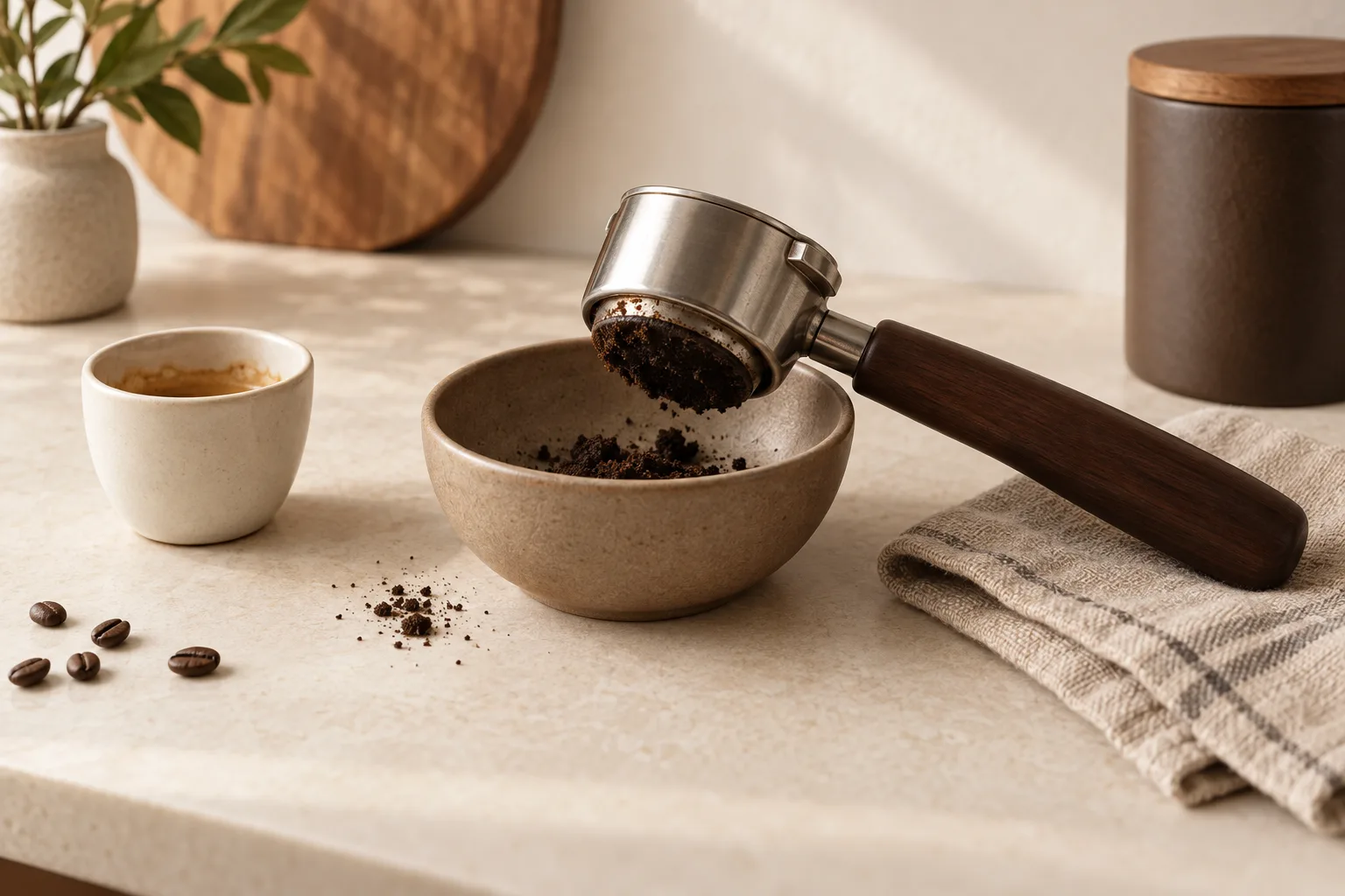 Unbranded portafilter, spent coffee pucks, and a folded cloth on a kitchen counter