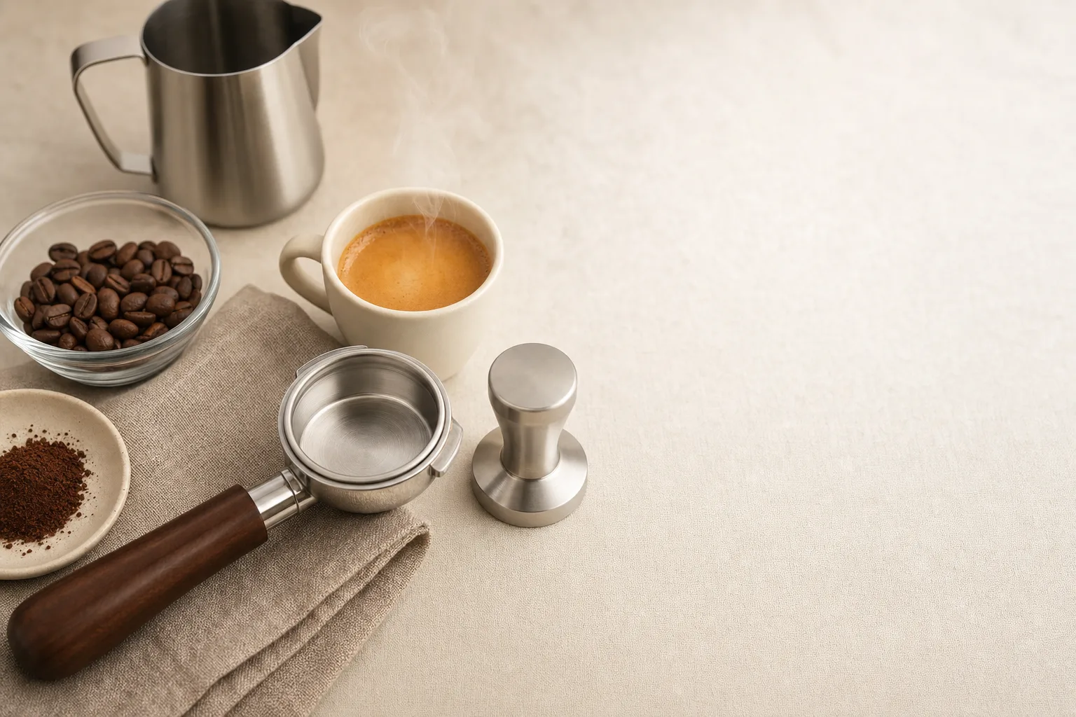 A home espresso setup with a cup, tamper, portafilter, and fresh coffee on a kitchen counter