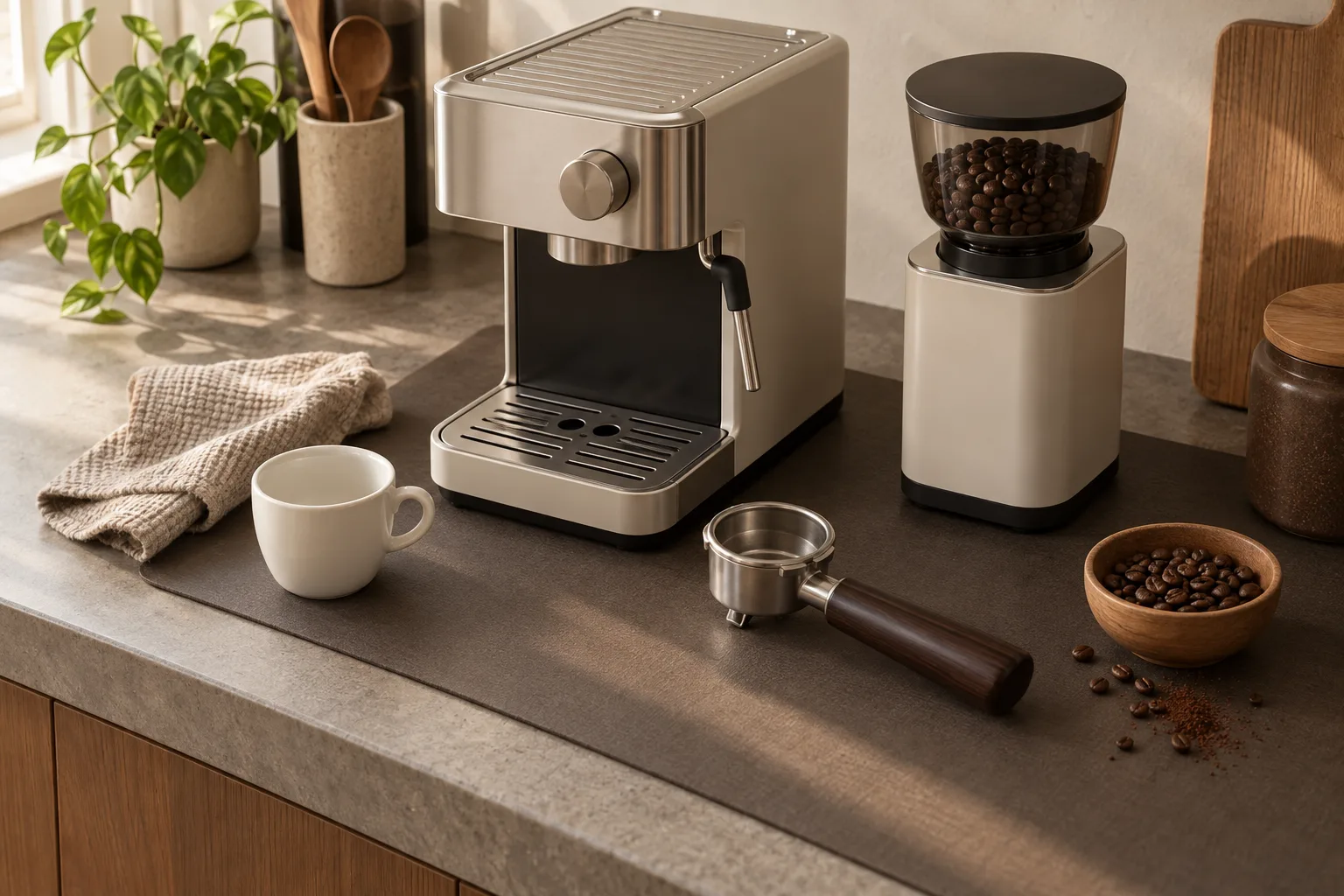 Generic espresso prep area with a dark countertop mat, plain cup, portafilter, and folded cloth
