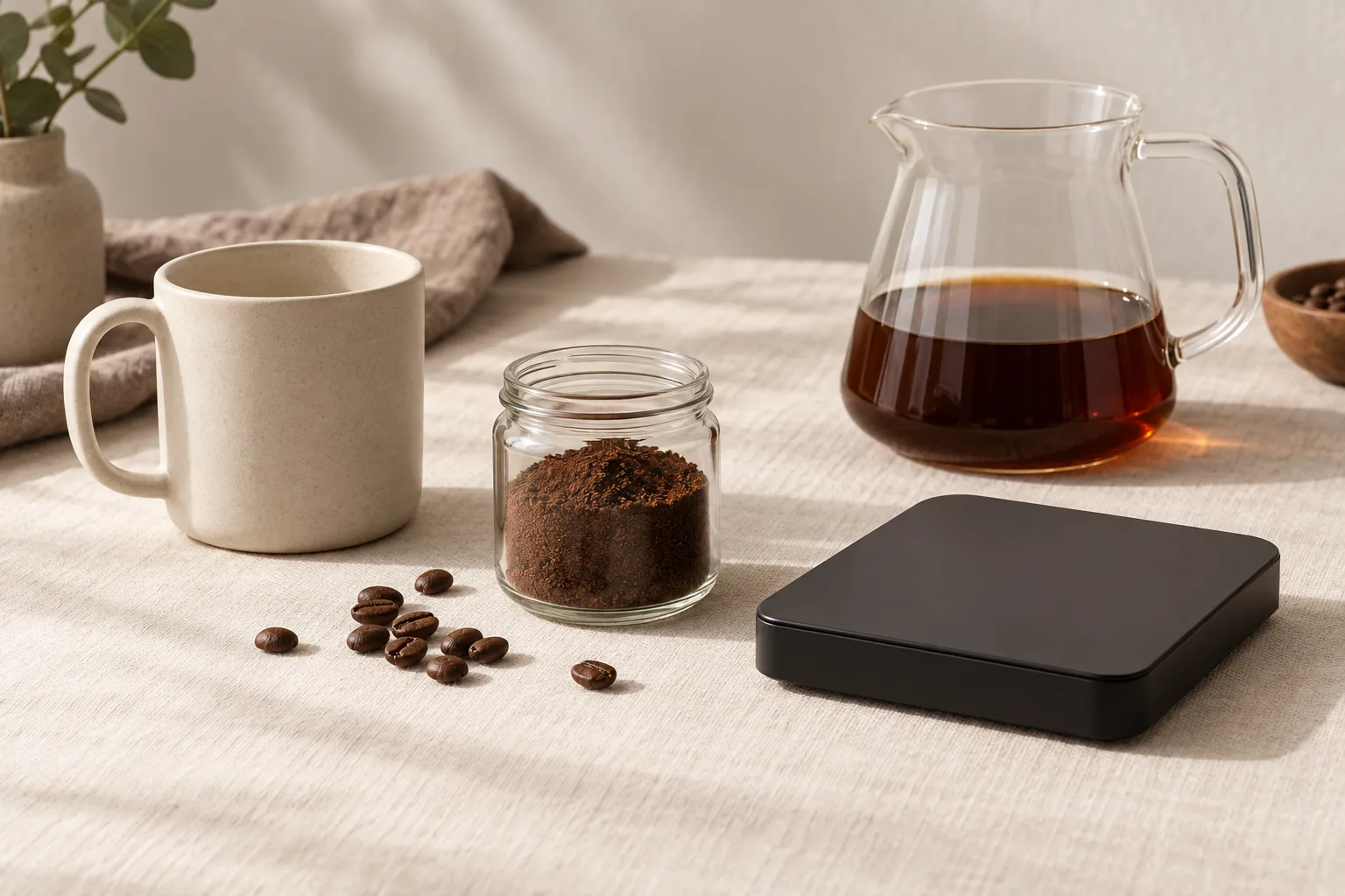 Coffee beans, a scale, a plain mug and a notebook on a kitchen counter