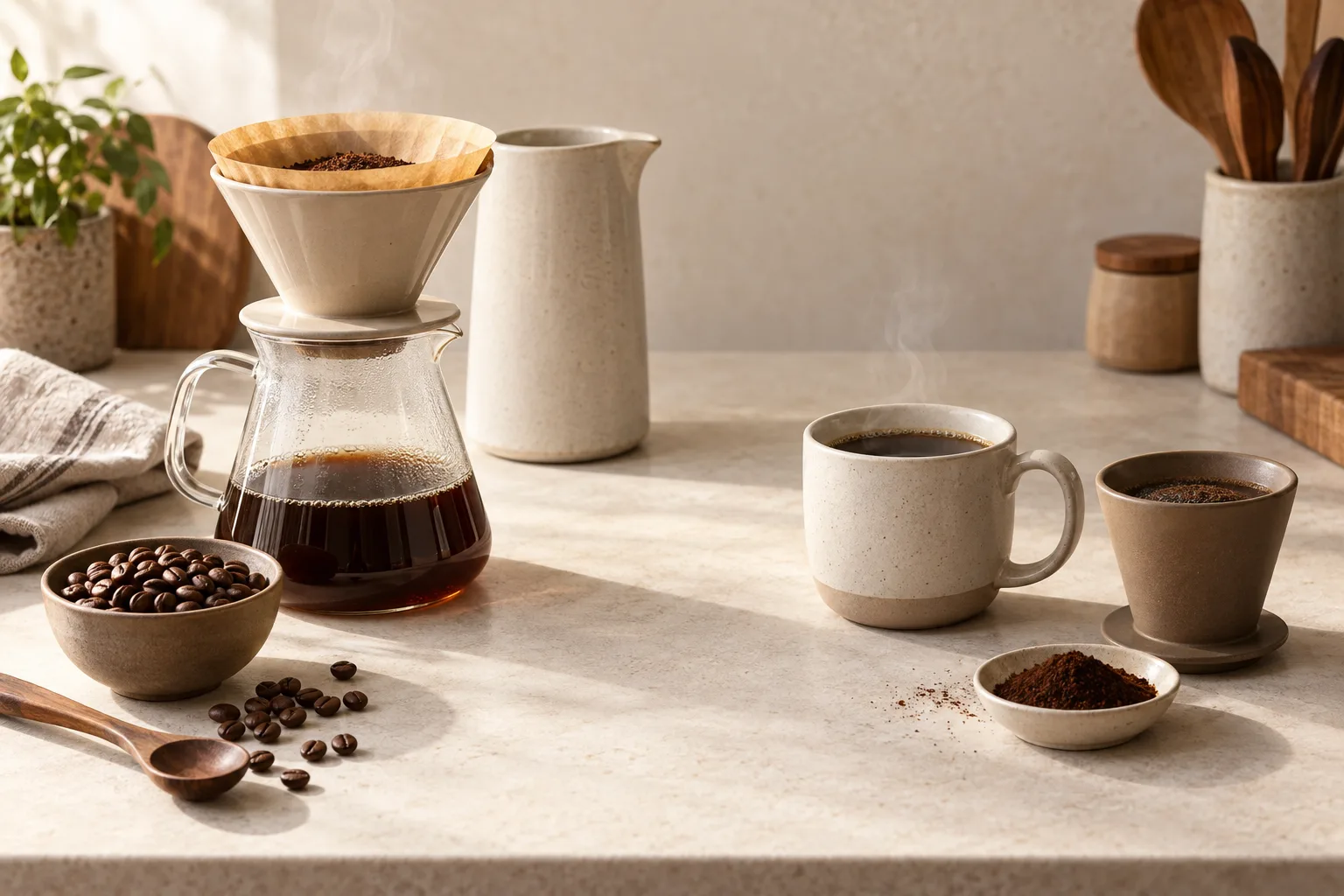 Plain glass coffee carafe, mug, coffee beans, and paper filters on a kitchen counter