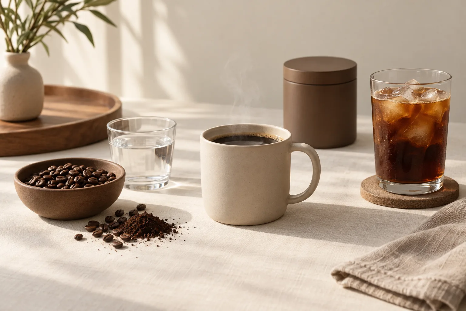 Plain coffee mug beside whole coffee beans and a glass of iced coffee on a kitchen counter
