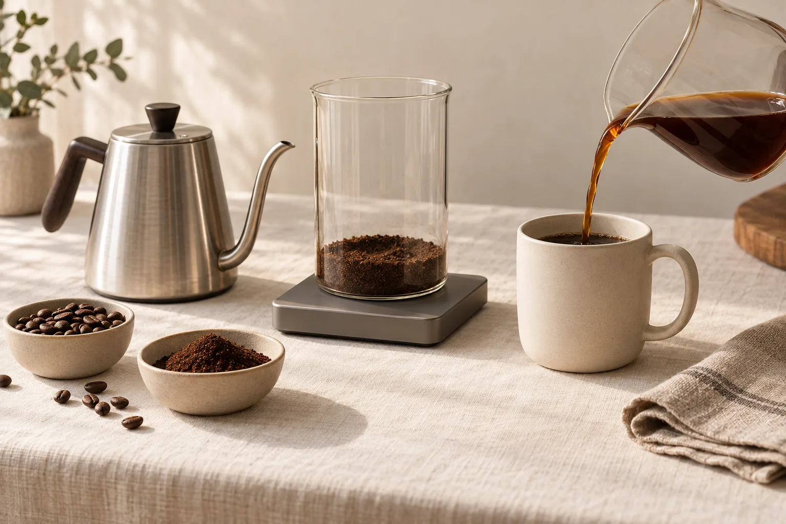 Coffee beans, a scale, and an unbranded mug on a kitchen counter