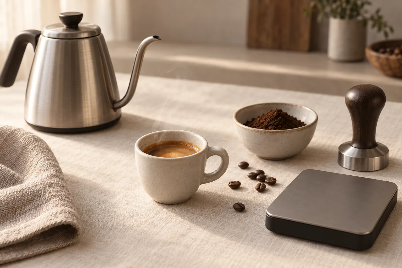 An unbranded espresso cup, coffee beans, scale, and folded towel on a kitchen counter