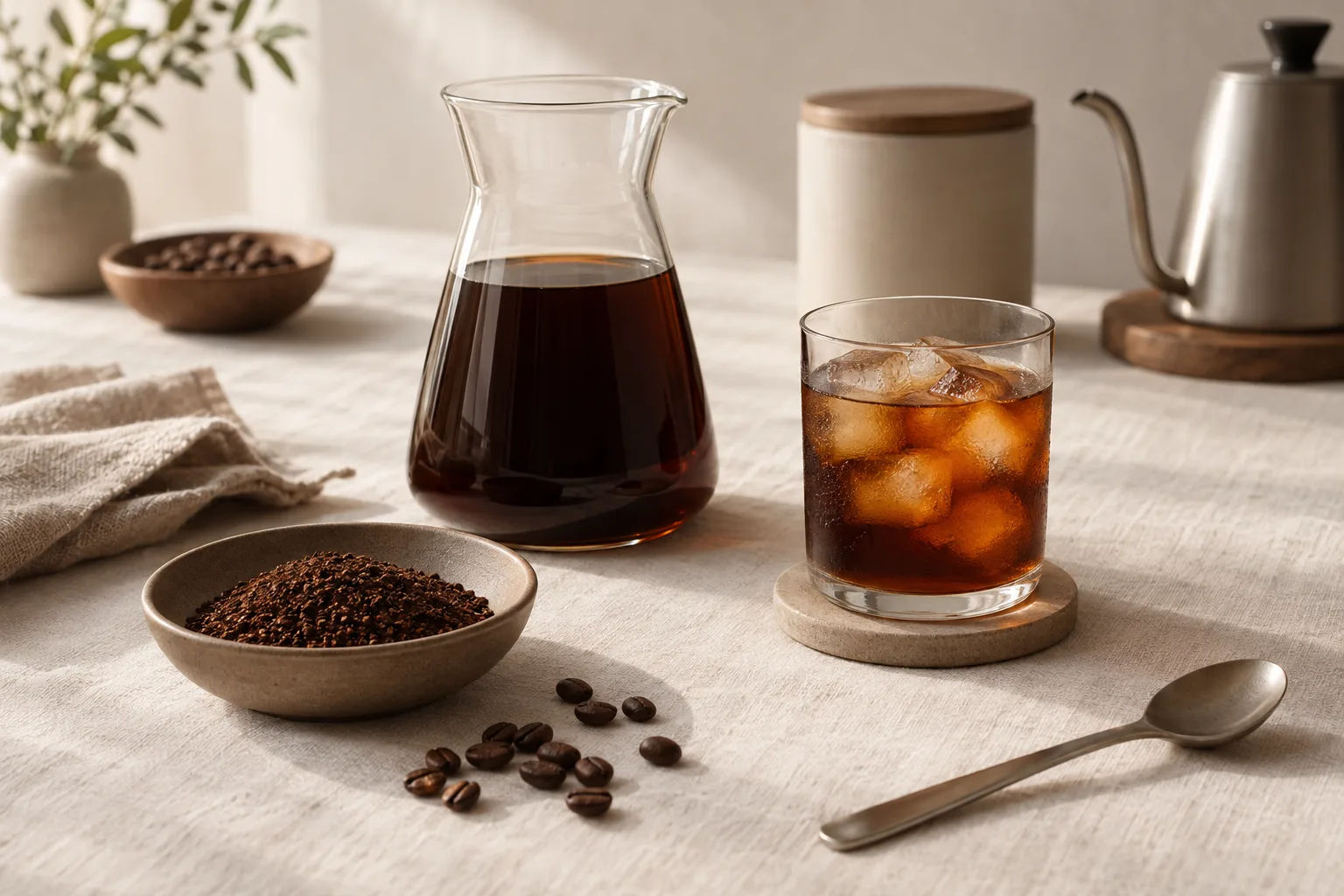 Plain glass carafe of cold coffee beside coarse grounds and a tumbler of ice on a kitchen counter