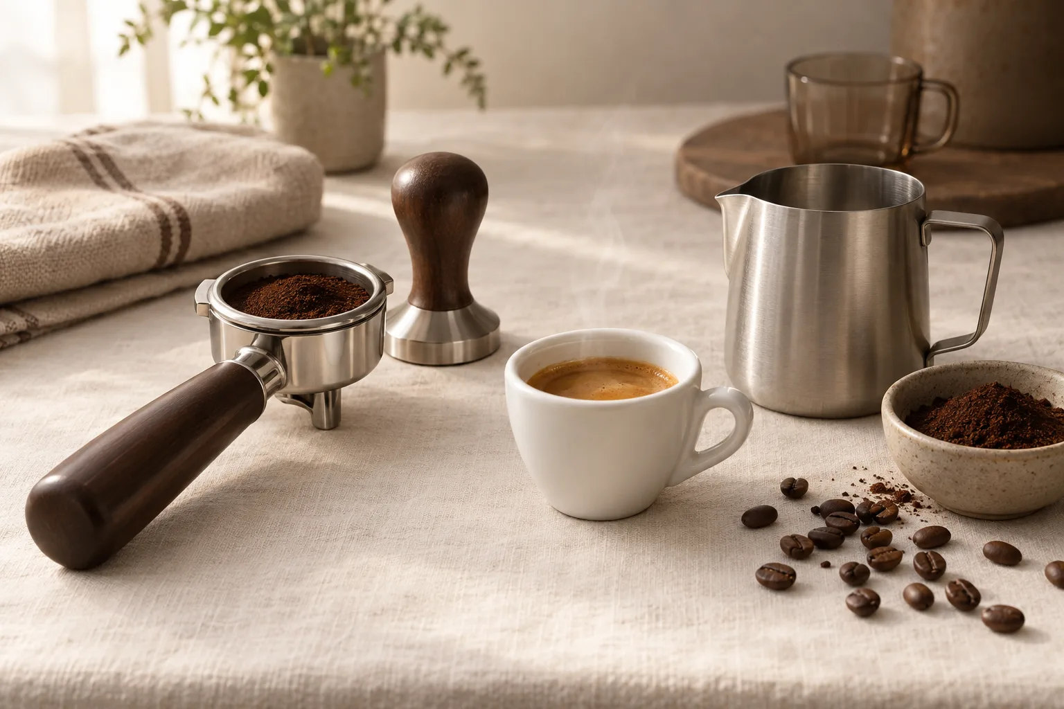 Plain portafilter, tamper, milk pitcher, and espresso cup arranged beside a folded cloth