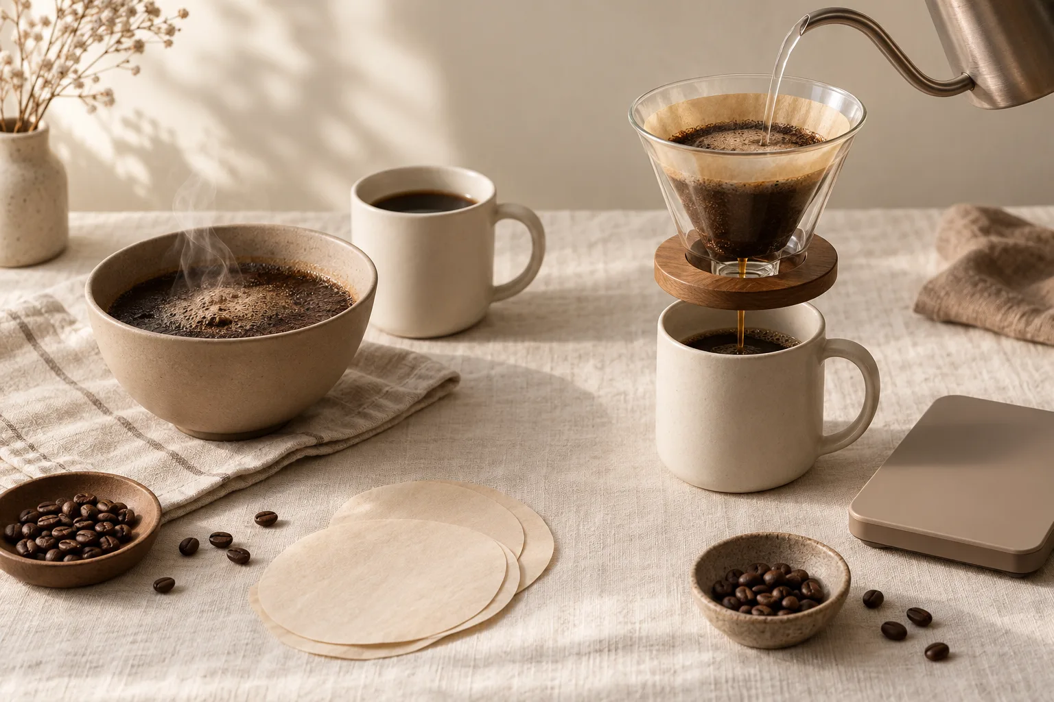 Two plain ceramic cups of black coffee beside loose paper filters and a kitchen scale