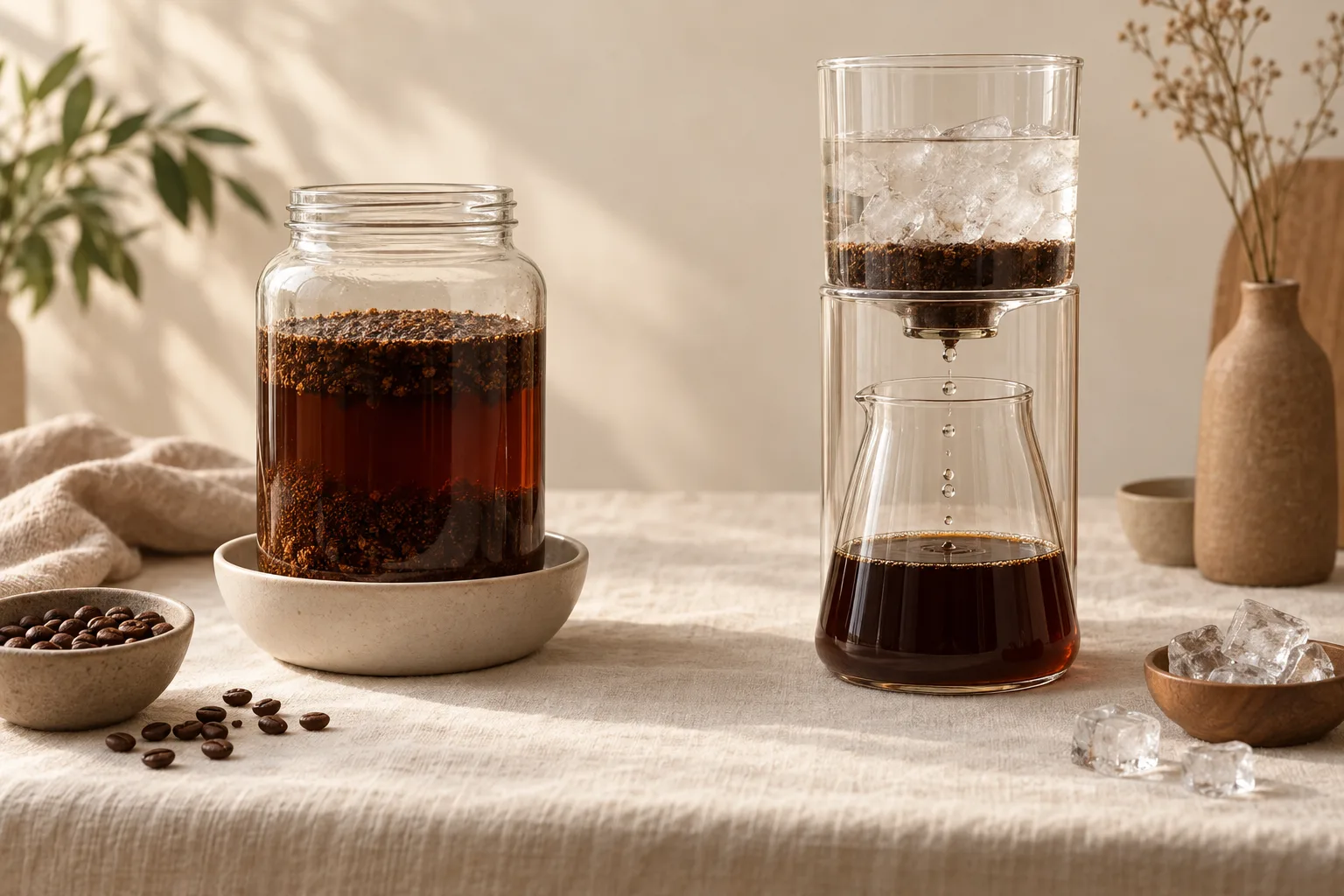 Plain glass vessels of cold coffee beside ice and a small bowl of coarse coffee grounds on a kitchen counter.