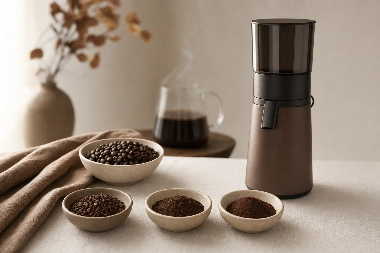 Unbranded coffee grinder with bowls of whole beans and different grind sizes on a warm cream linen surface in soft natural light.