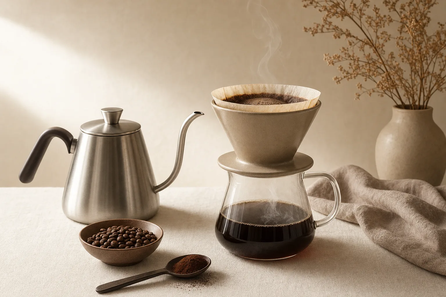 A plain unbranded kettle and dripper on a warm kitchen counter