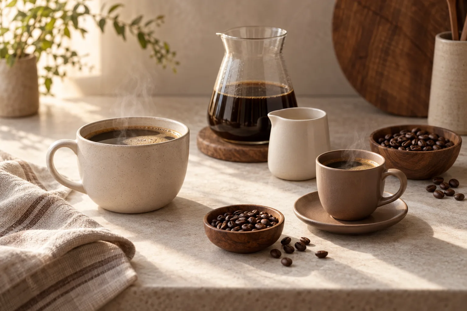 Two plain ceramic coffee cups beside beans and a small milk pitcher on a kitchen counter