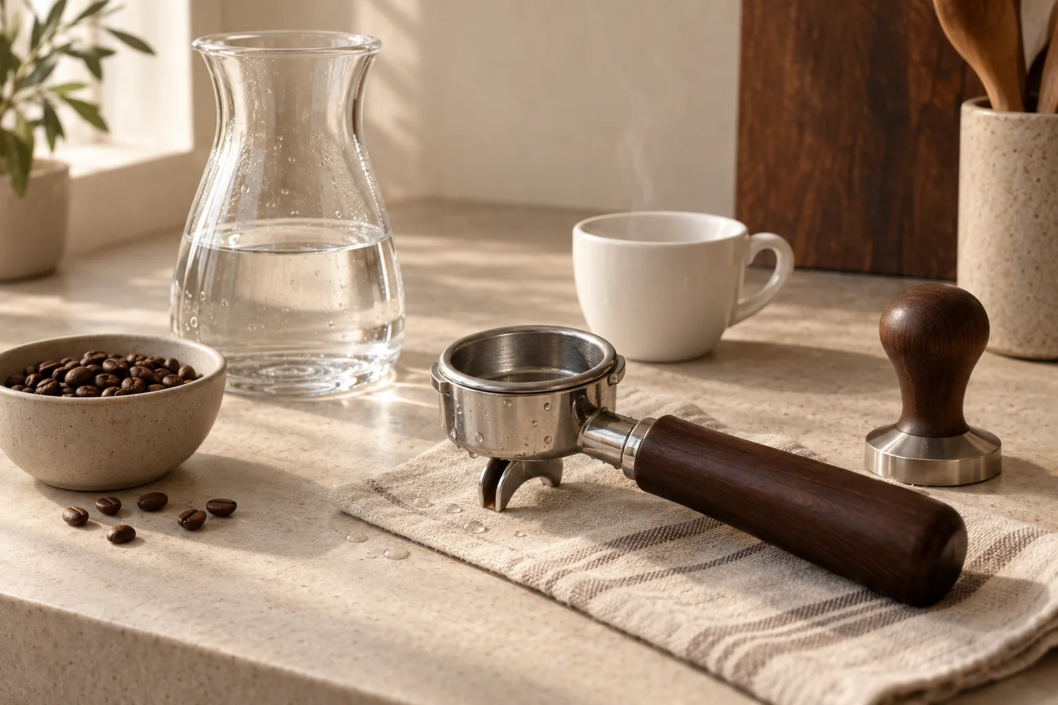 Plain ceramic cups, a water jug, and a small unmarked milk pitcher on a kitchen counter