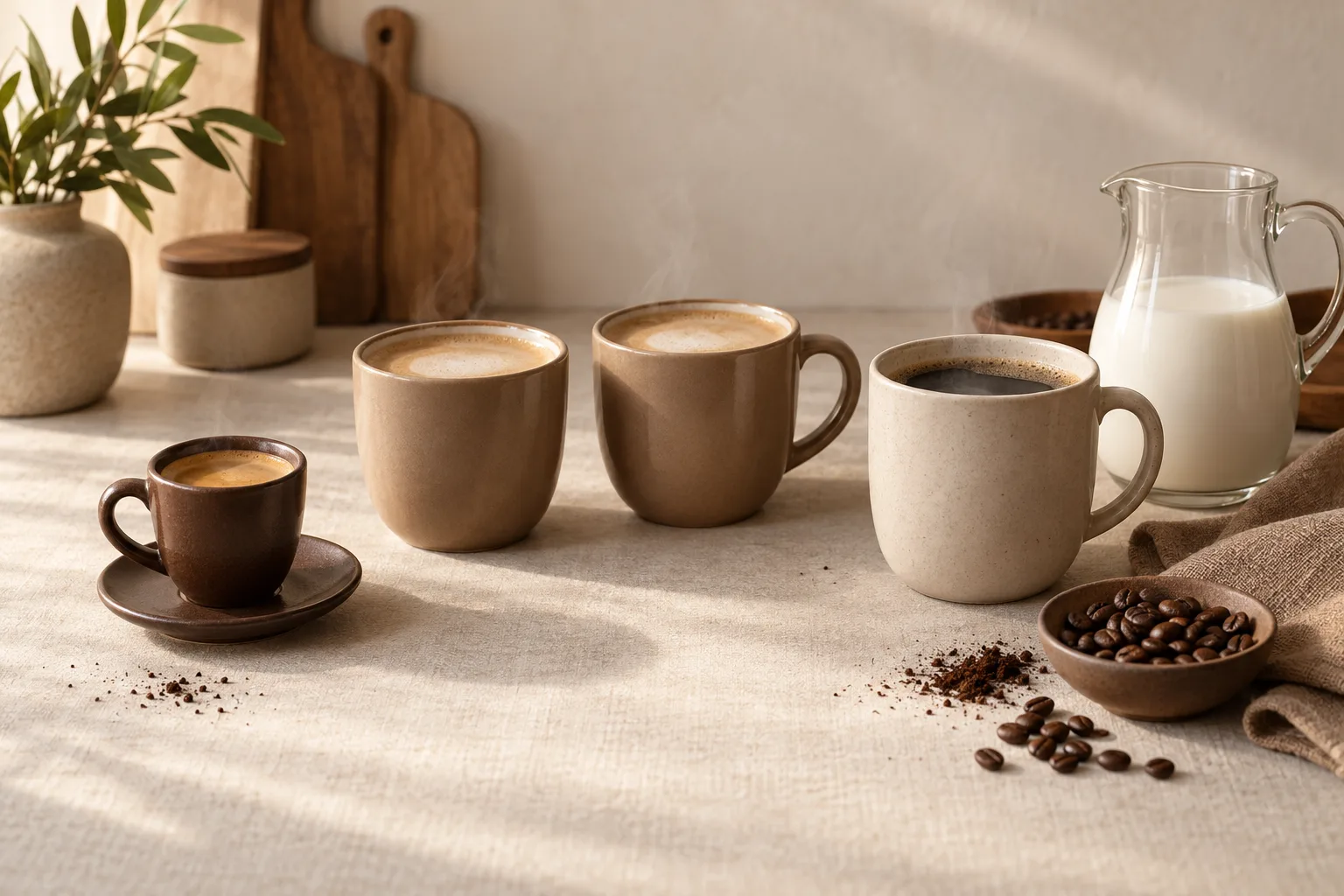 Two plain ceramic coffee cups beside an unmarked milk pitcher and coffee beans on a kitchen counter.