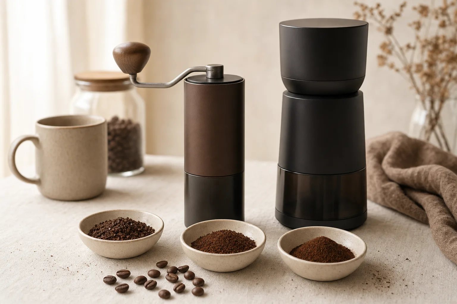 A quiet kitchen counter with a hand coffee grinder beside an unbranded electric burr grinder and two cups of coffee.