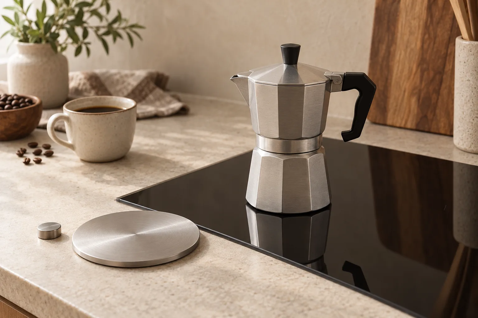 A plain stovetop coffee vessel beside a magnet and ruler on a kitchen counter