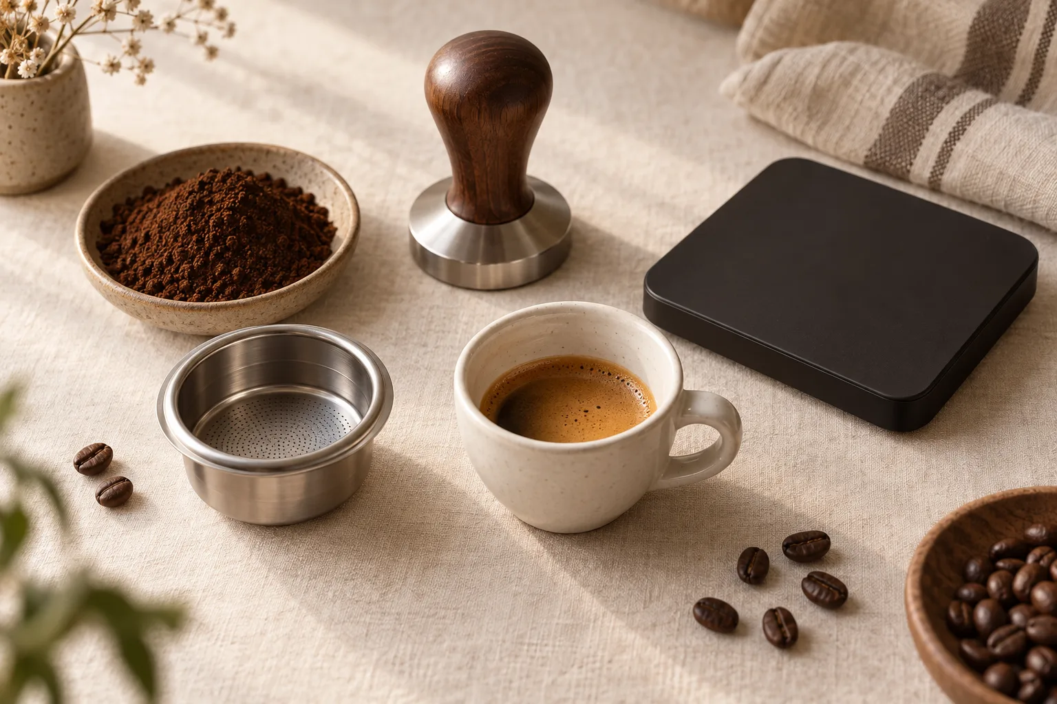 Unbranded espresso basket, tamper, dosing cup, and coffee scale on a kitchen counter