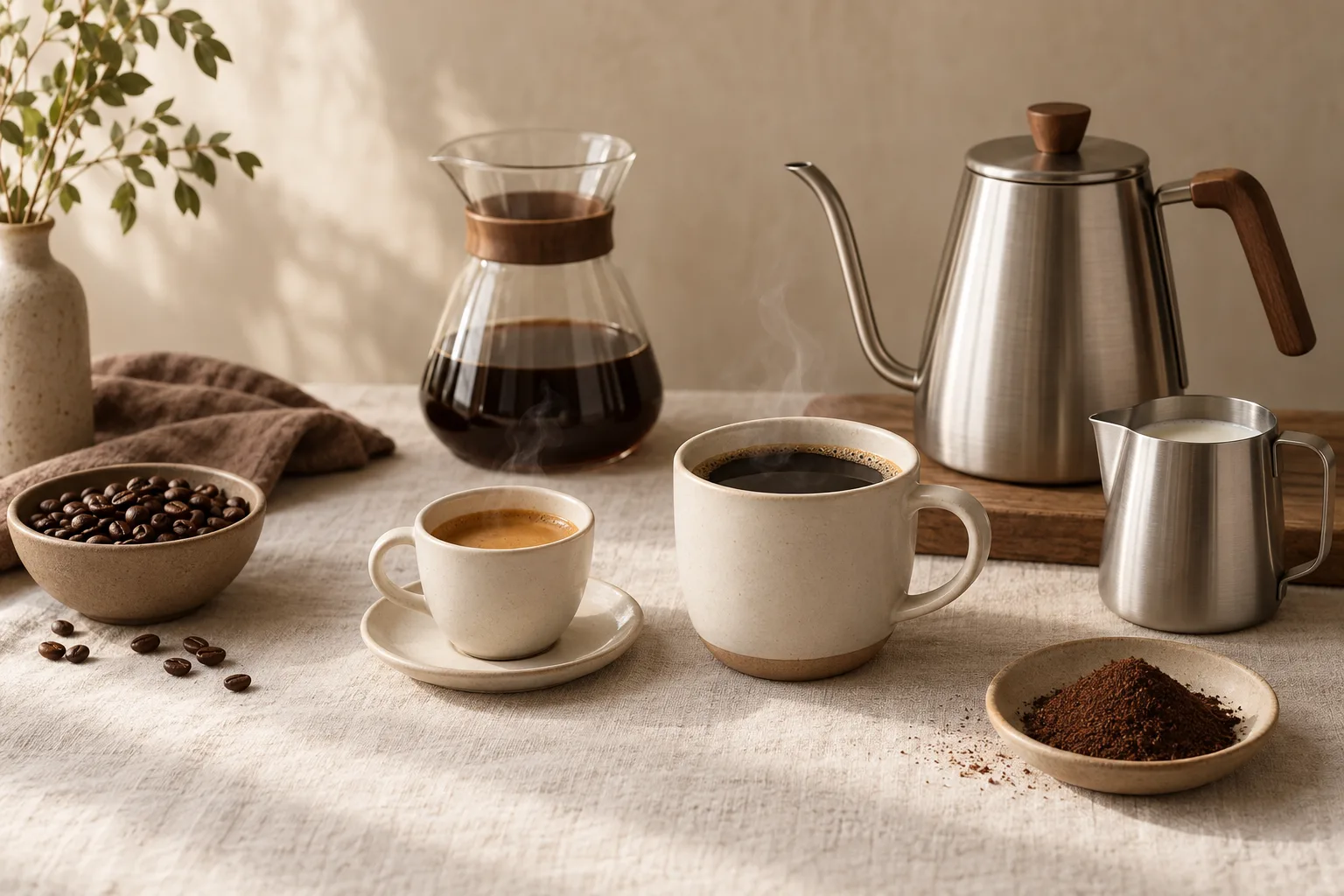 An espresso cup, a larger black coffee, and a plain milk pitcher on a cream kitchen counter.