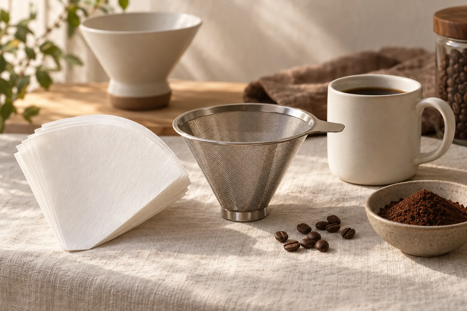Paper coffee filters and an unbranded metal mesh filter beside a mug on a kitchen counter
