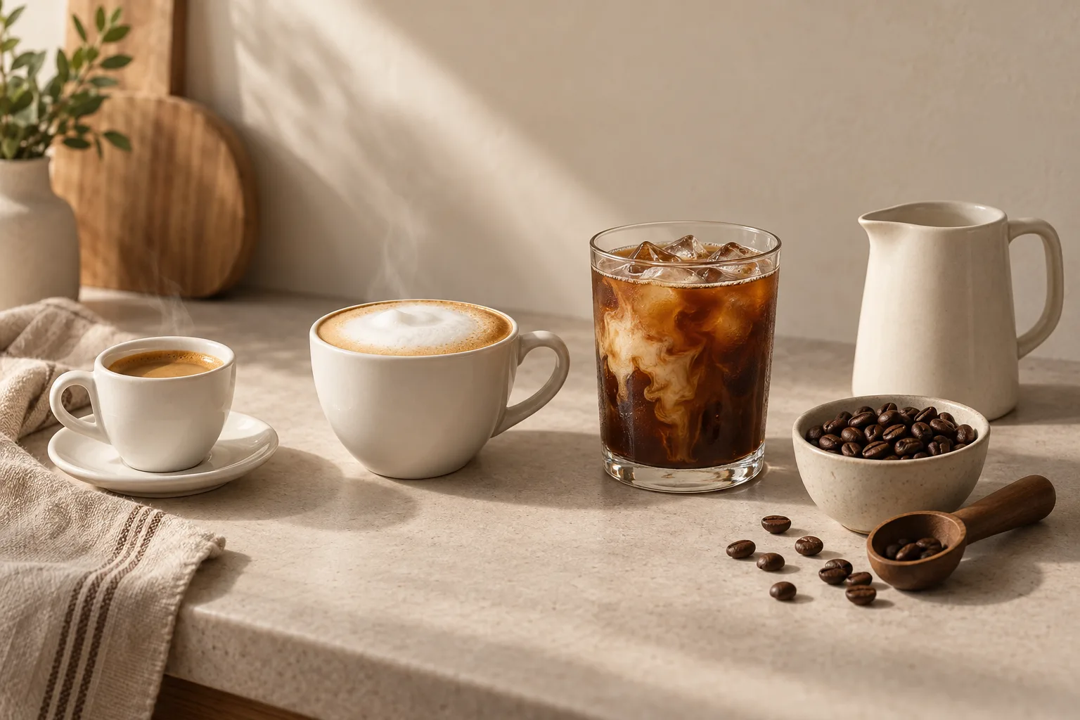 Plain espresso and cappuccino cups beside an iced coffee glass and coffee beans on a kitchen counter
