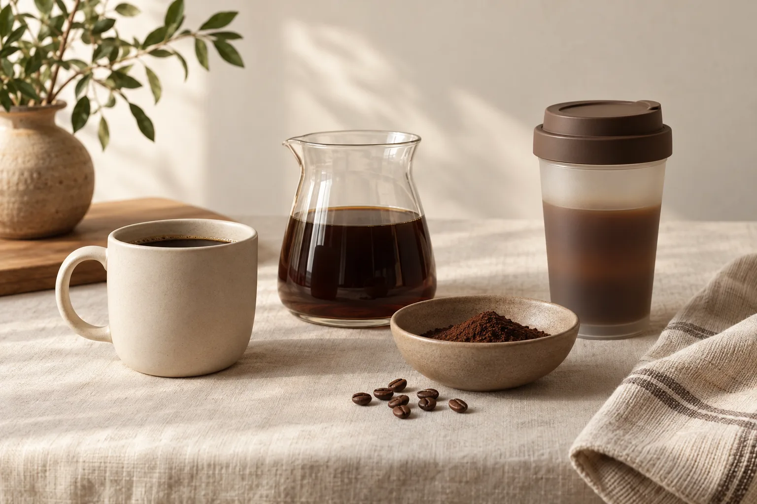 Coffee beans, paper filters, a plain mug, and a folded towel on a kitchen counter