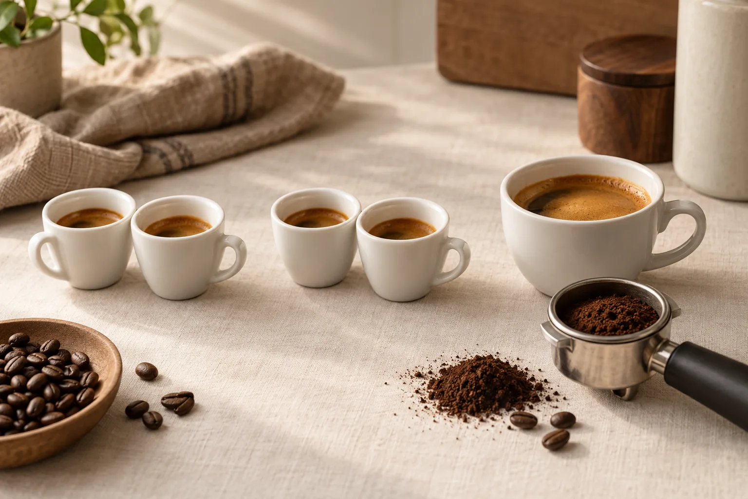Two plain cups of espresso beside a blank portafilter and coffee beans on a cream kitchen counter