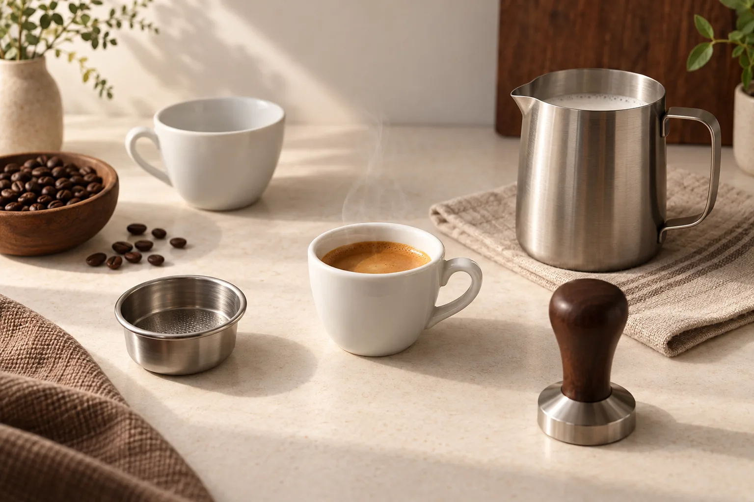 An espresso cup, plain milk pitcher, and tamper on a warm kitchen counter