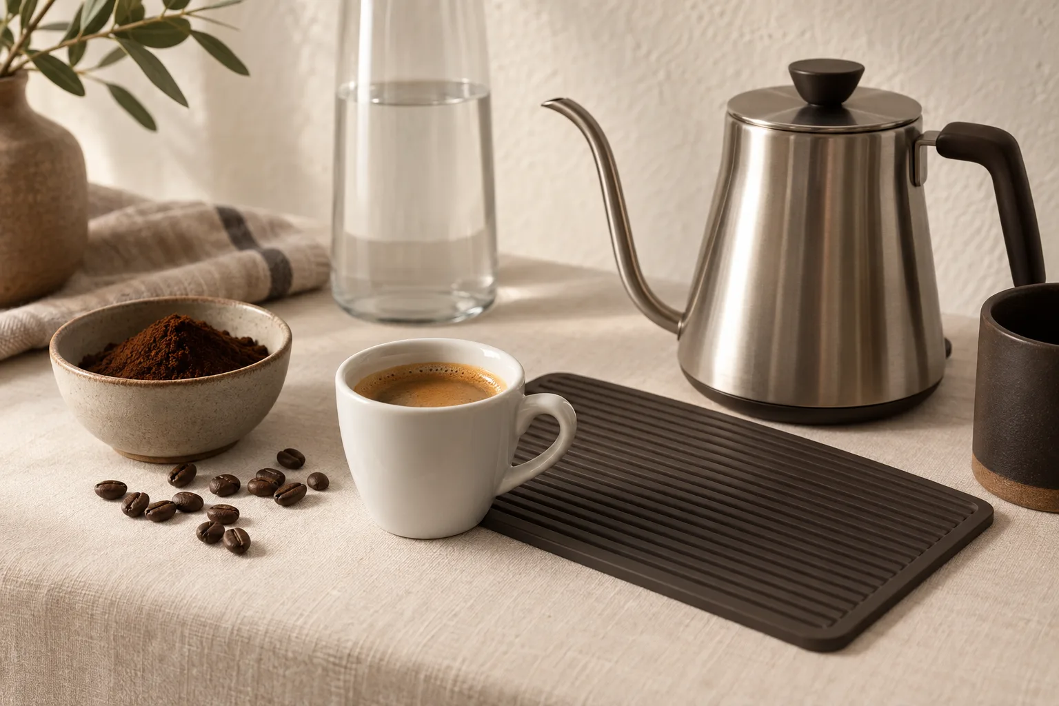 An espresso cup, plain milk pitcher, and tamper on a rubber mat in a calm apartment kitchen