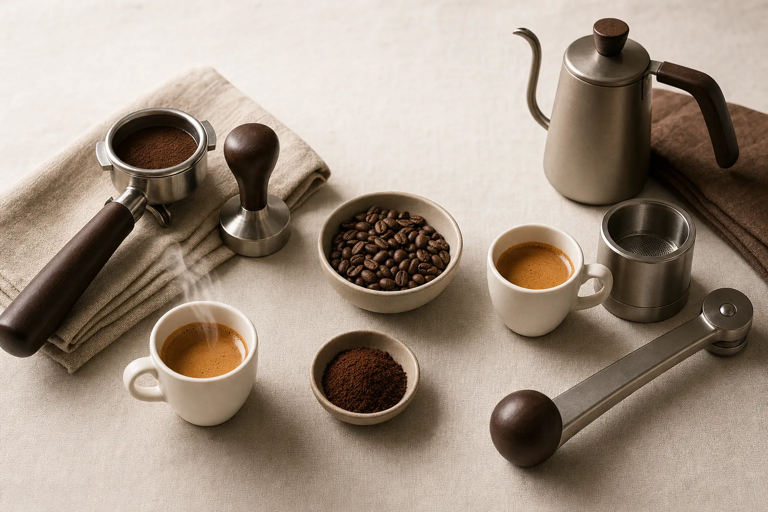Unbranded home espresso setup with cups, tamper, and a compact countertop workflow