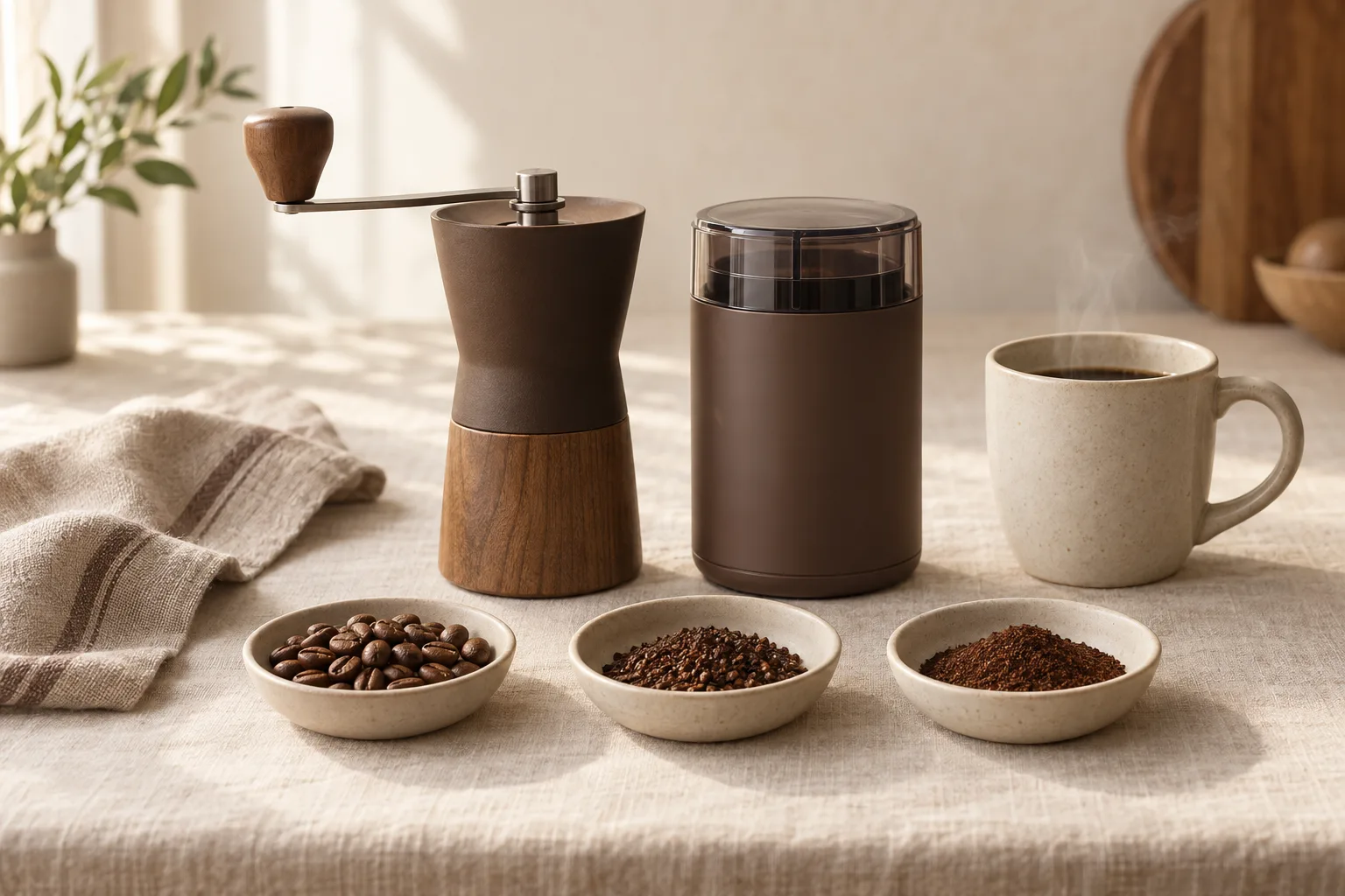 Unbranded coffee mug beside whole beans and a small dish of ground coffee on a kitchen counter