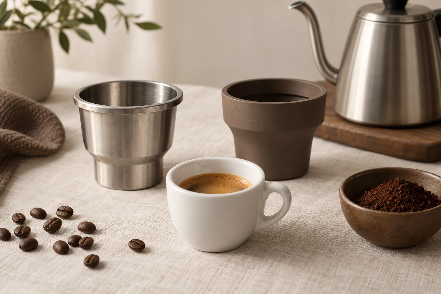 Unbranded metal coffee tools beside a ceramic espresso cup and kettle on a warm kitchen counter