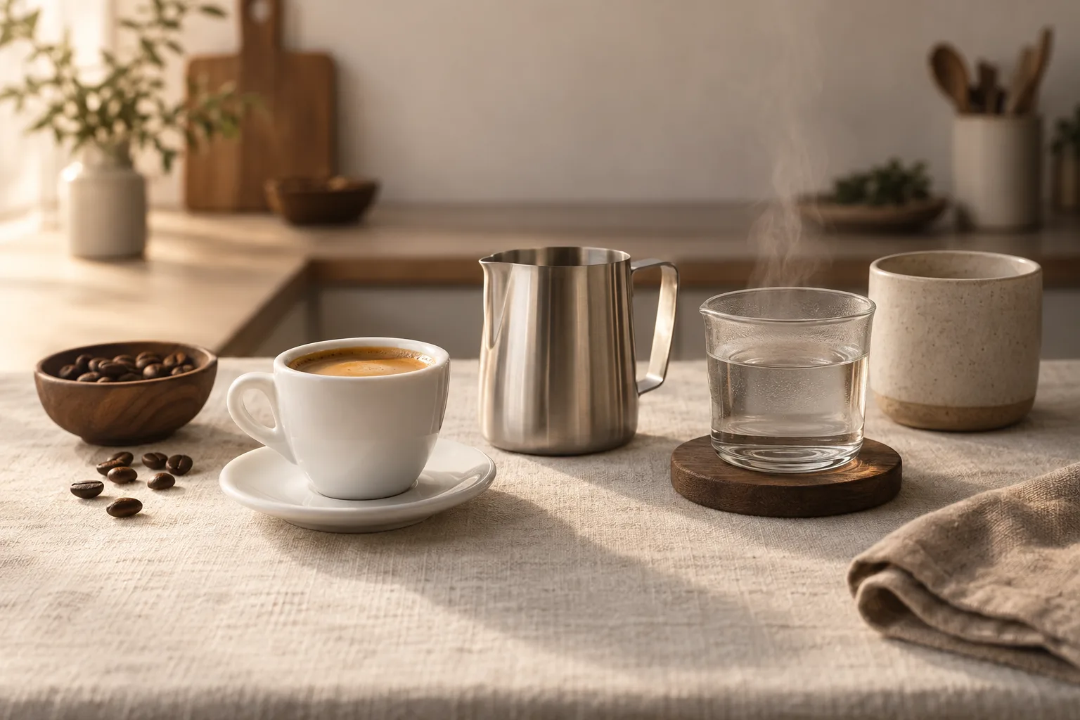 An unbranded espresso cup, metal milk pitcher, and portafilter on a cream kitchen surface.