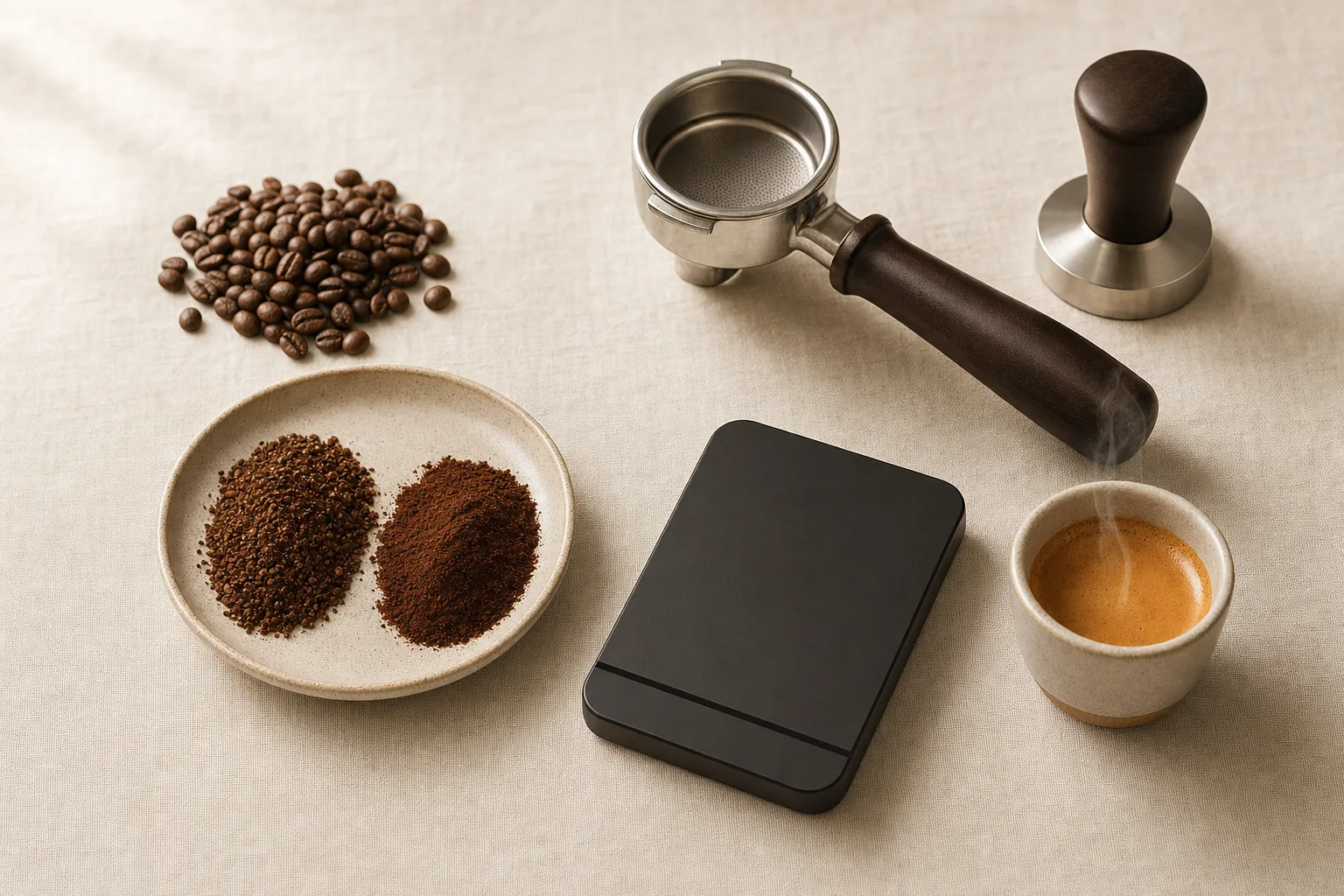 Unbranded espresso setup with a grinder, scale, portafilter, and fresh grounds on a kitchen counter