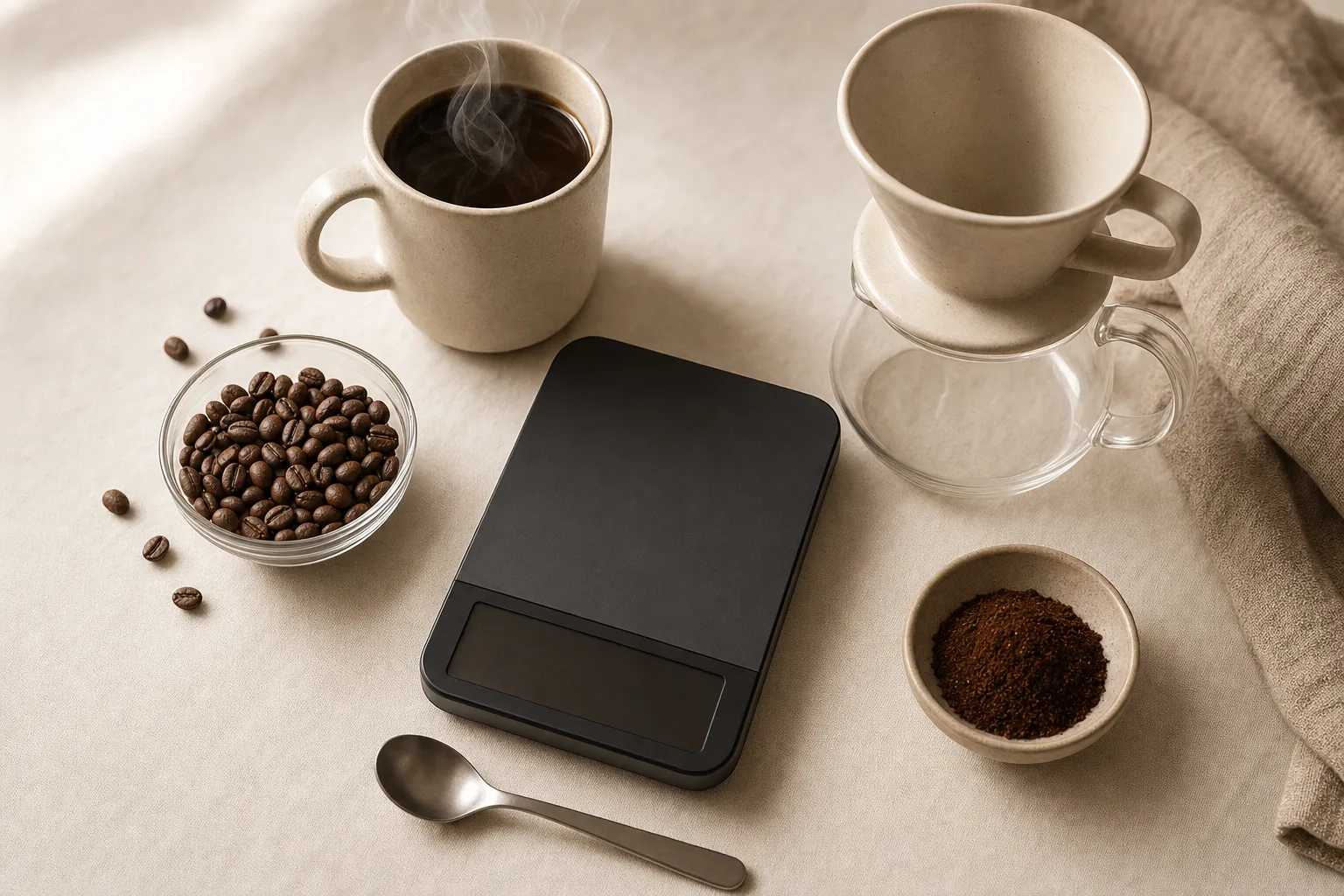 A home brewer measuring coffee and water beside an unbranded dripper